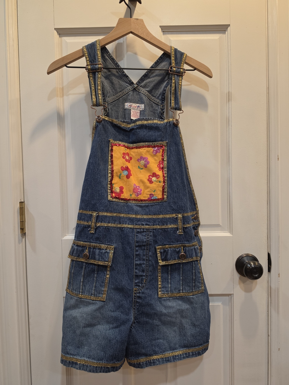 Xhilaration Denim Girls' Floral Pocket Short Overalls - Yellow Patch